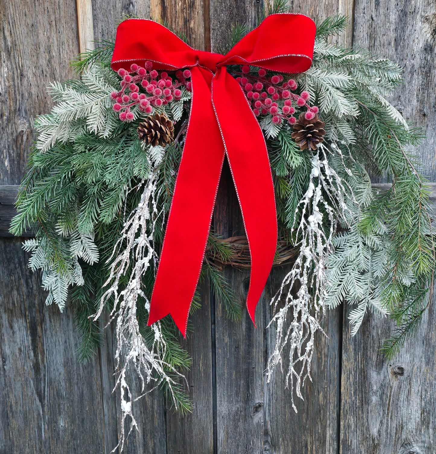 Frosted Fir & Red Velvet Swaggy Luxe Wreath
