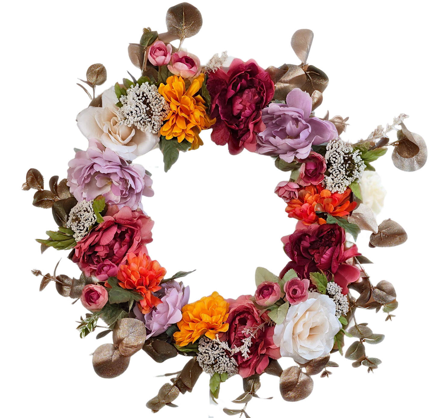 Autumn Elegance Wreath with Burgundy Peonies & Golden Eucalyptus - 20"