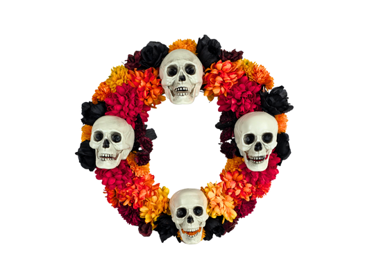 Dia de los Muertos Wreath with Skulls & Marigolds - 20"