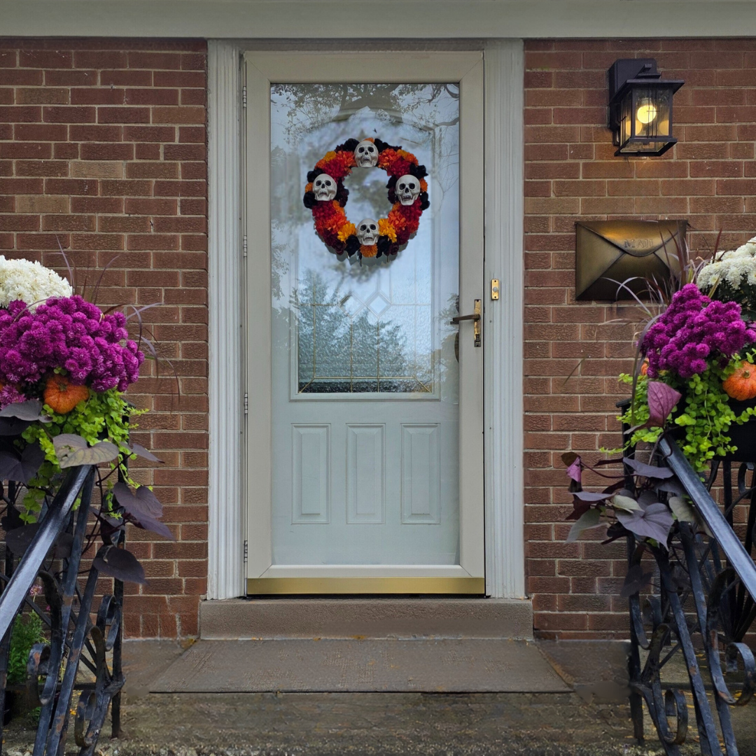 Dia de los Muertos Wreath with Skulls & Marigolds - 20"