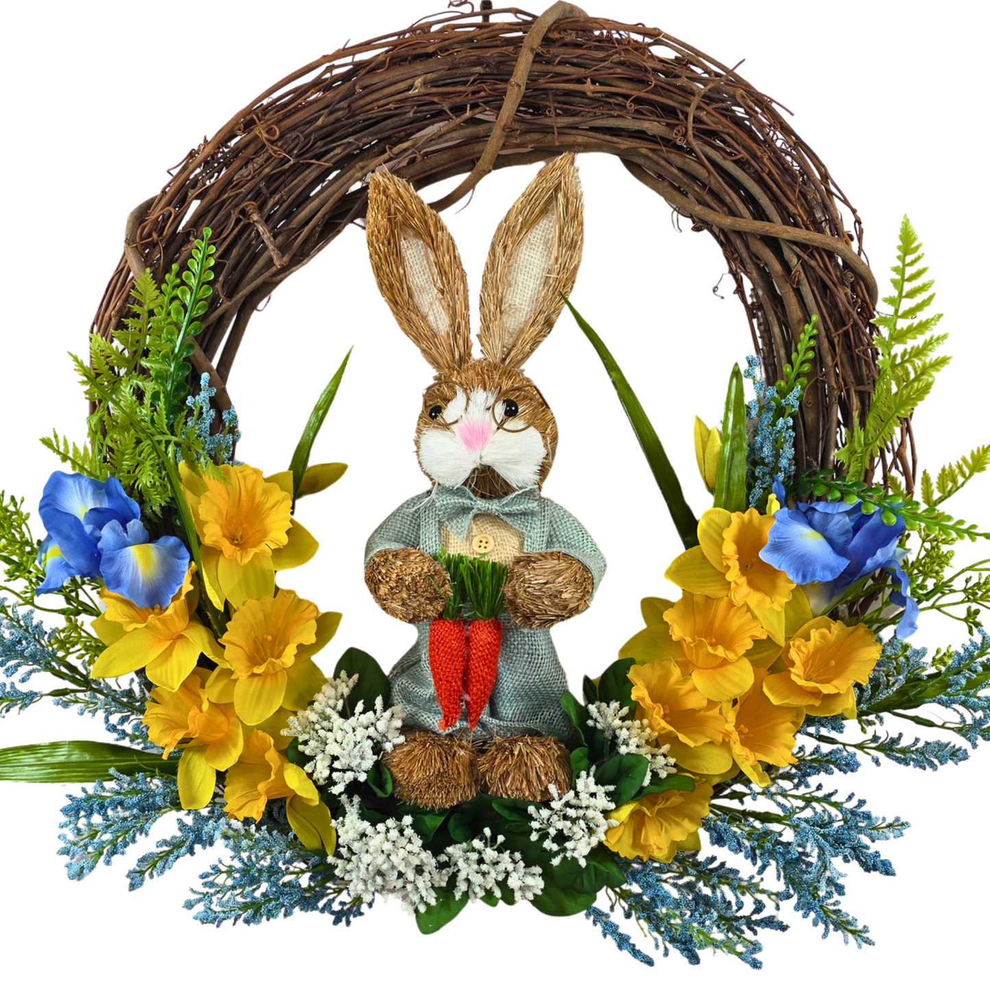 Easter Bunny Grapevine Wreath with Daffodils and Irises