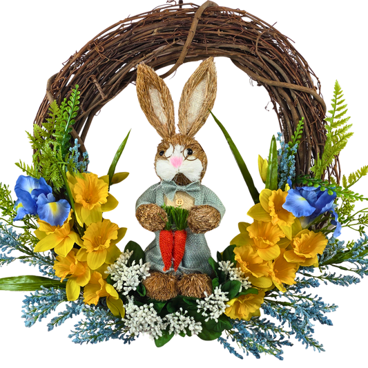 Easter Bunny Grapevine Wreath with Daffodils and Irises