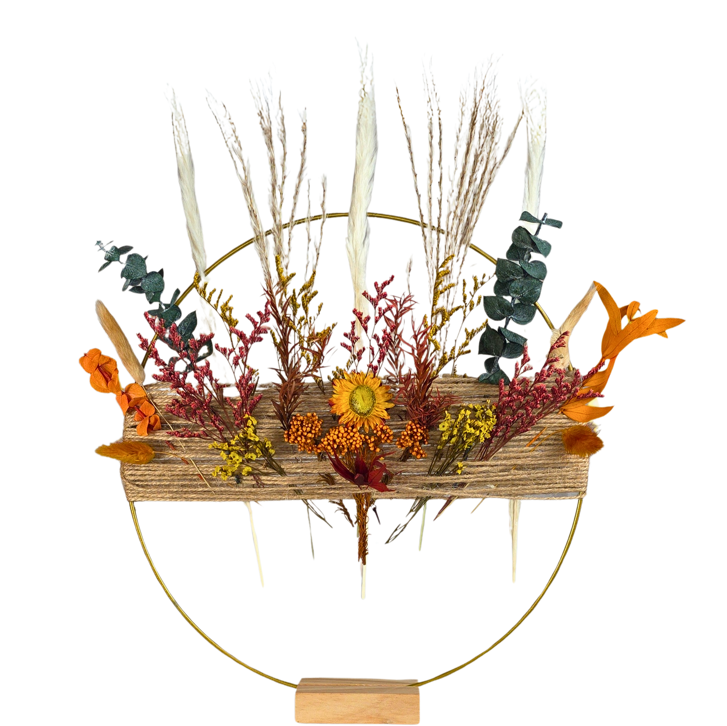 Autumn Boho Hoop Wreath with Wooden Stand – Dried Flower Wall or Table Display - 12"