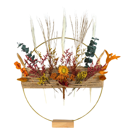 Autumn Boho Hoop Wreath with Wooden Stand – Dried Flower Wall or Table Display - 12"