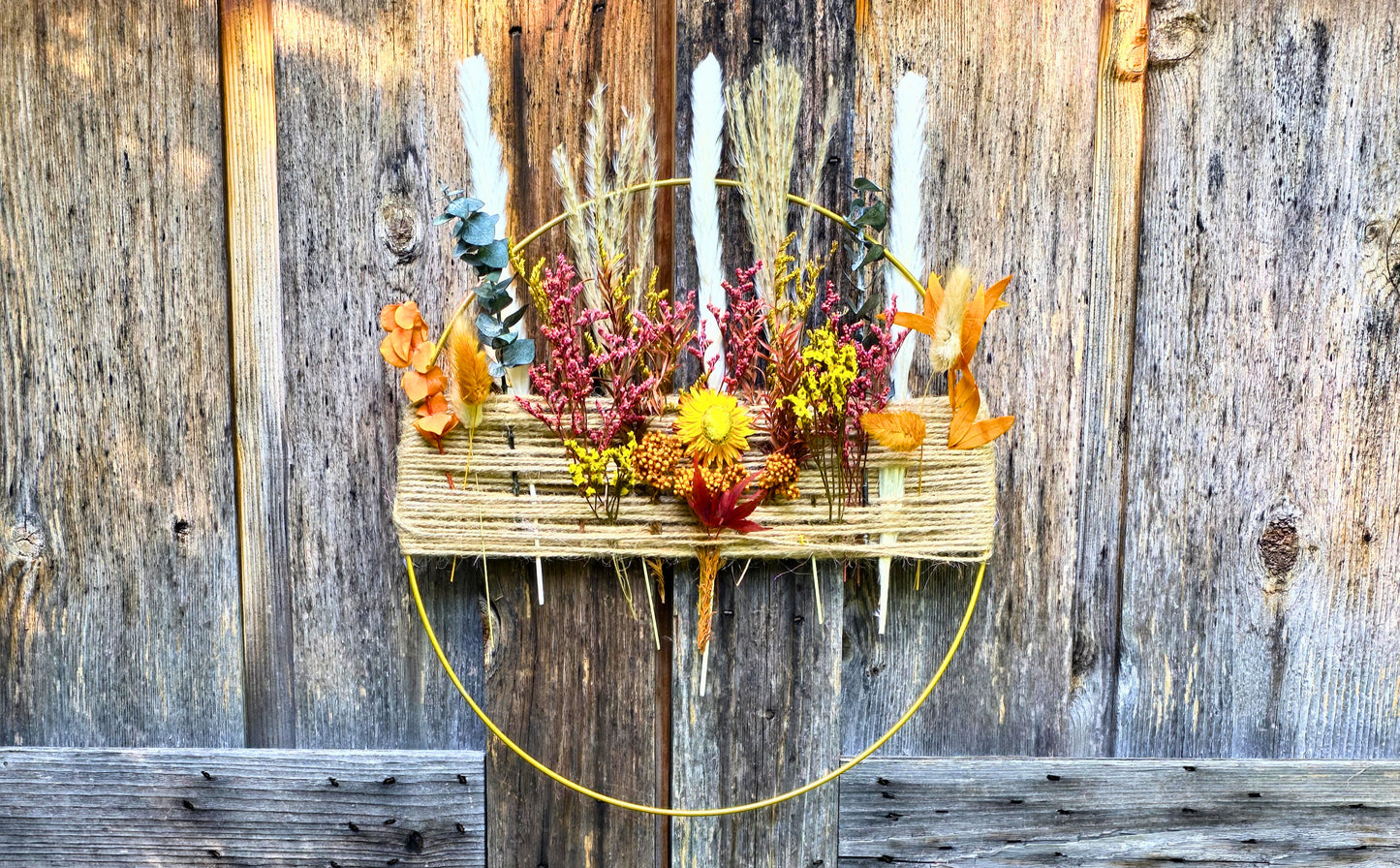 Autumn Boho Hoop Wreath with Wooden Stand – Dried Flower Wall or Table Display - 12"