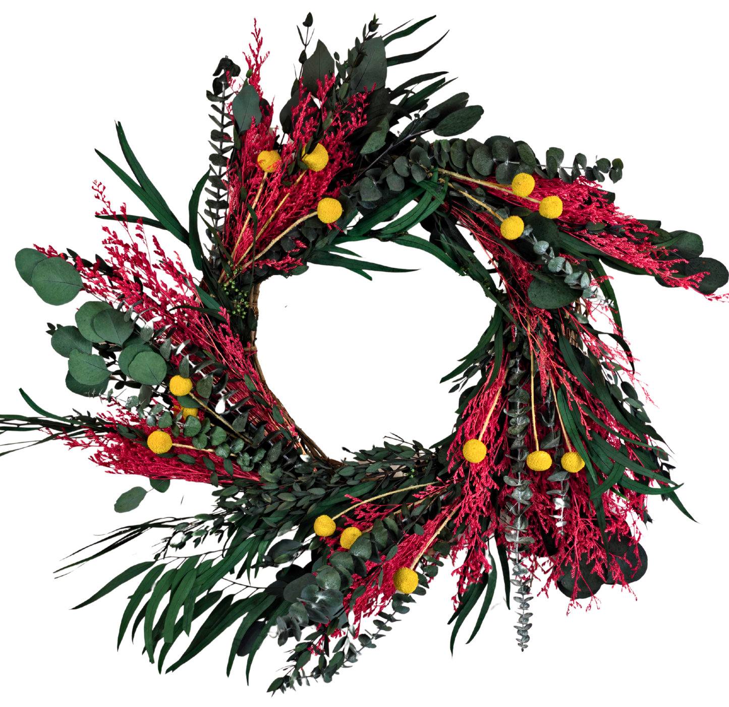 Preserved Eucalyptus & Limonium Wreath with Craspedia Billy Balls - 20"