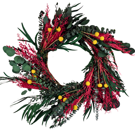 Preserved Eucalyptus & Limonium Wreath with Craspedia Billy Balls - 20"
