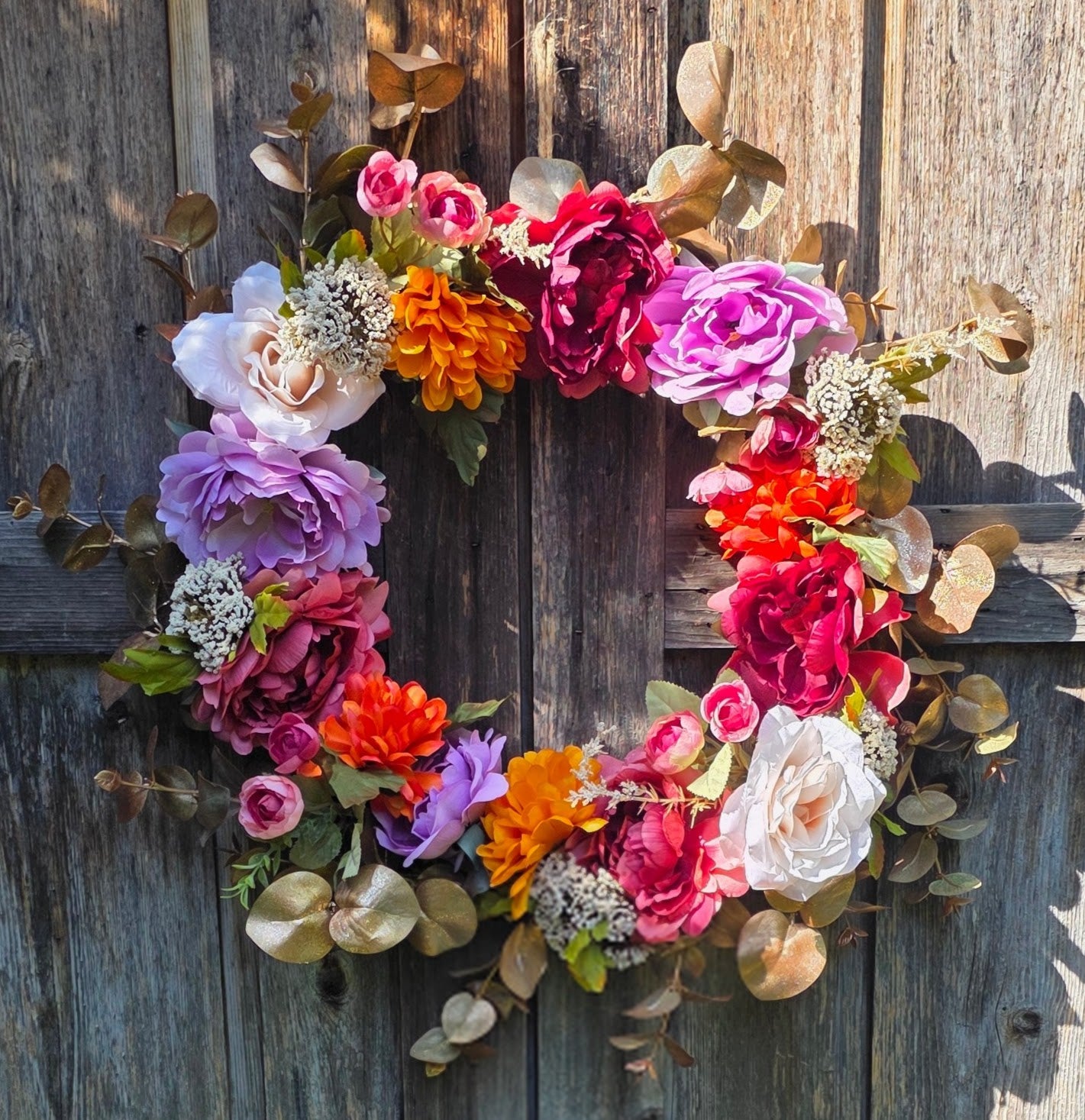 Autumn Elegance Wreath with Burgundy Peonies & Golden Eucalyptus - 20"